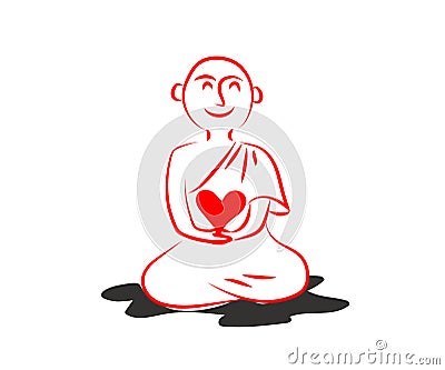 Buddhist monk sits in the lotus position and holds the heart. Silhouette. Cartoon Illustration